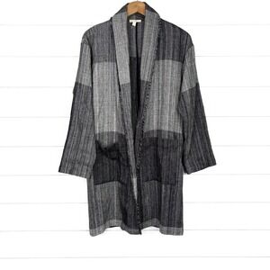 Eileen Fisher Organic Cotton Fringe Lightweight Jacket Black Gray Small Medium